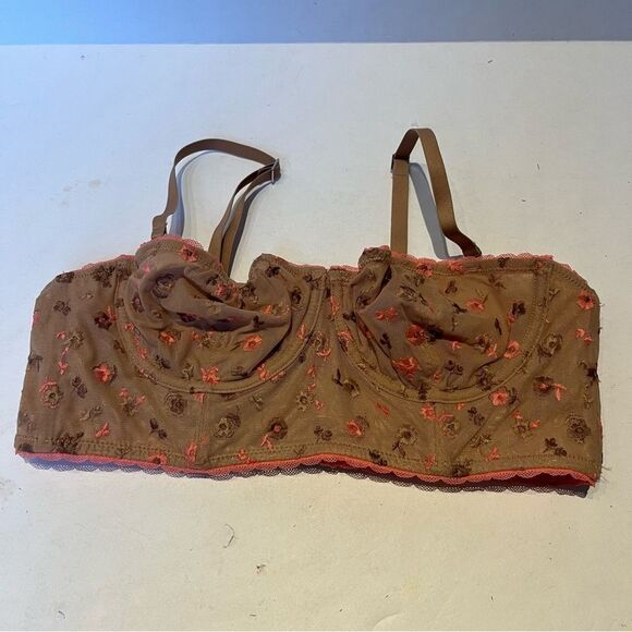 Aerie Show Off Balconette Bra Underwire Lace Lining Tan/Pink Floral Size 36B - Picture 1 of 7